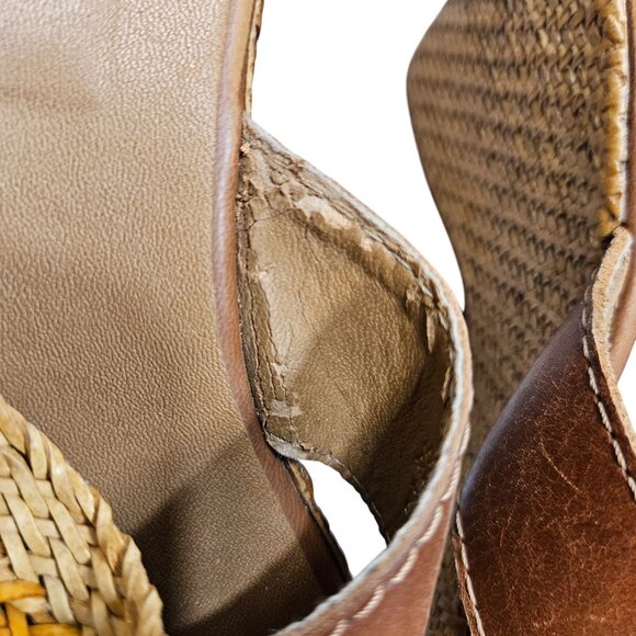 Sotto Sotto Woven Straw & Brown Leather Wedge‎ Sandals Size 38 7 Made In Italy - Picture 3 of 13